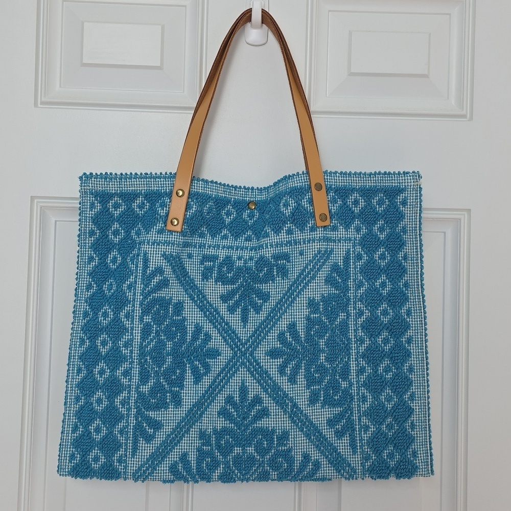Turquoise Blue and White Tapestry Tote - Picture 5 of 9